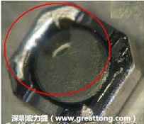 使用錫(Sn)鍍層的電源電感器(Power Inductors)，經(jīng)過推力測試后，其焊點(diǎn)還保留在零件的端點(diǎn)上，所以推力比較高。