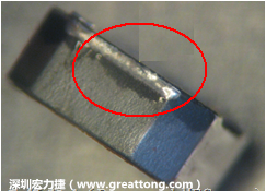 使用錫(Sn)鍍層的電源電感器(Power Inductors)，經(jīng)過推力測試后，其焊點(diǎn)還保留在零件的端點(diǎn)上，所以推力比較高。