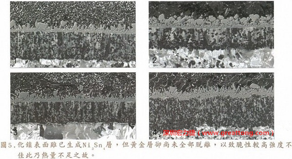 下面四圖顯示，當(dāng)焊接的熱量不足或未持續(xù)時(shí)，雖然Ni3Sn4的薄薄IMC層已經(jīng)生成而焊牢，但也會(huì)因?yàn)锳uSn及AuSn2還未來(lái)得及逸走，而停留在共金介面附近，當(dāng)有外力拉扯的時(shí)候，就很容易斷裂開(kāi)來(lái)。這就是為何ENIG的焊點(diǎn)強(qiáng)度，始終不如銅面焊點(diǎn)(Cu6Sn5)來(lái)得更為牢固的主因之一。