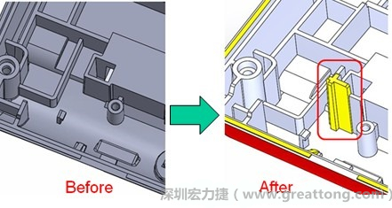 既然知道可能的問題出在電路板變形量過大，于是在電路板上黏貼應(yīng)力計(jì)(Stress Gauge)然后先量測未改善前的應(yīng)力數(shù)據(jù)。改善方法是在BGA的附近新增機(jī)溝肋柱(rib)來頂住電路板以降低電路板在落下時的變形量。