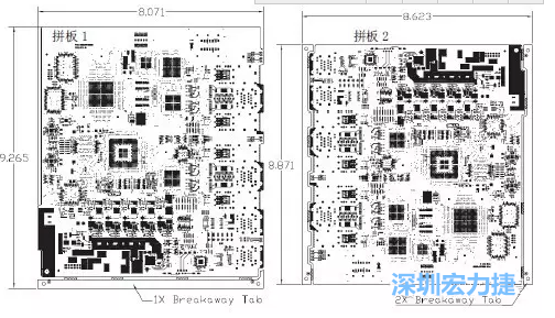 如圖7所示是使用不同數(shù)量邊條的拼板，拼板1僅使用了一個邊條，直接利用PCB另一邊作為SMT工藝傳送邊，并且PCB圖形中有合適的安裝孔；而拼板2則是按常規(guī)設計了兩個邊條。拼板方式為連接筋。圖中“Breakaway Tab”指邊條-深圳宏力捷