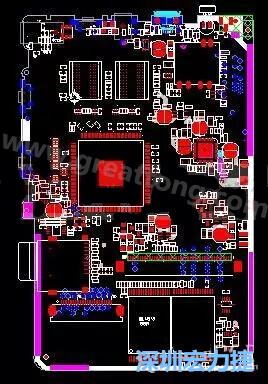 上圖是一個開發(fā)板的PCB，從布局中可以看出各個接口電路分離很明確，SDRAM和DDR以及SD卡接口電路等走線不會造成相互的干擾。-深圳宏力捷