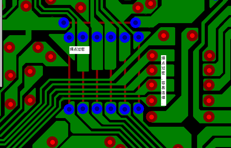 PCB設(shè)計(jì)焊點(diǎn)過(guò)密，易造成波峰連焊，焊點(diǎn)間漏電