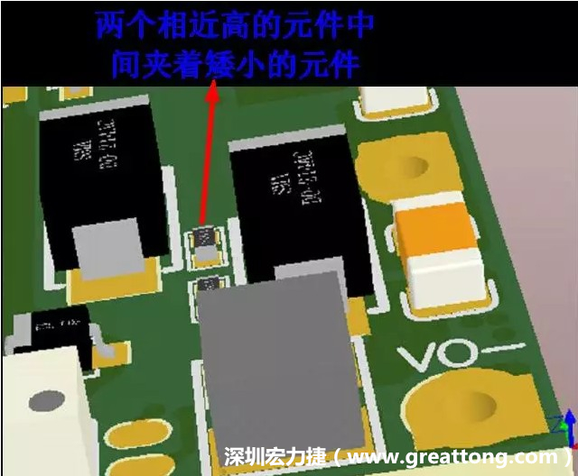 放置器件時要考慮以后的焊接和維修，兩個高度高的元件之間盡量避免放置矮小的元件