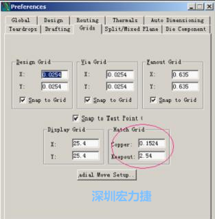  改銅皮的填充網(wǎng)格Global→Design Units，填充方向Drafting→Direction；Hatch Grid中Copper此數(shù)值為大銅箔中所填充的線條中心到中心的距離。
