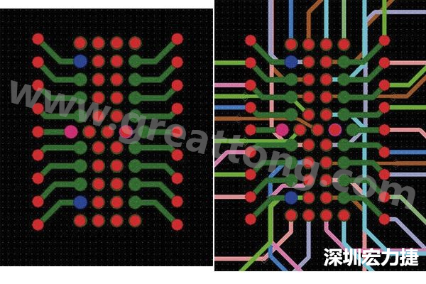 圖7：焊盤內過孔用于內部，而外部接腳在0.5mm閘格上扇出。圖7a顯示的是頂層(左)；圖7b顯示頂層和內部布線層(右)。