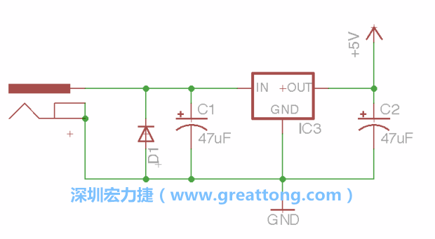 新增RBBB→Power_Jack，將它放在電壓調(diào)整器的輸入端旁邊。