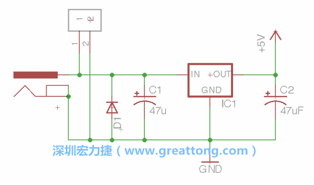 2.5.    新增一個二極體，它會以水平的狀態(tài)出現(xiàn)在屏幕上，請使用「旋轉(zhuǎn)（Rotate）」工具把它負極那一面朝上，并且用「網(wǎng)絡(luò)連接」工具將它連接在電壓調(diào)整器的輸入端和接地端之間。