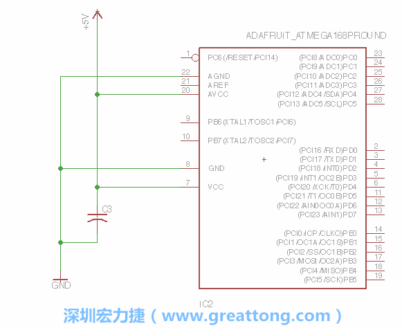 3.1.    新增微控制器晶片（RBBB → ATmega），把它放在電路原理圖的中央附近，把它的兩個(gè)接地接頭連接到接地訊號(hào)端。