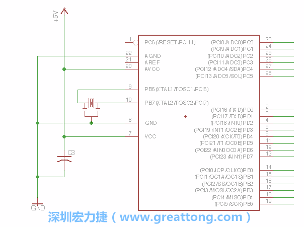 3.2.    在靠近ATmega的電源供應(yīng)針腳7的位置放置一個(gè)0.1μF的電容，將它分別連接電源、接地端和針腳7。