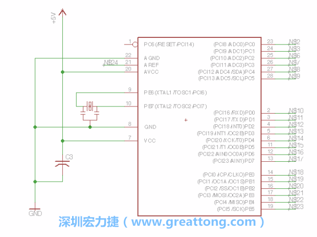 3.3.    將共鳴器（resonator）放置在針腳9和針腳10附近，將它的三個(gè)針腳連接如圖所示，并確認(rèn)最中間的針腳有連到接地端。