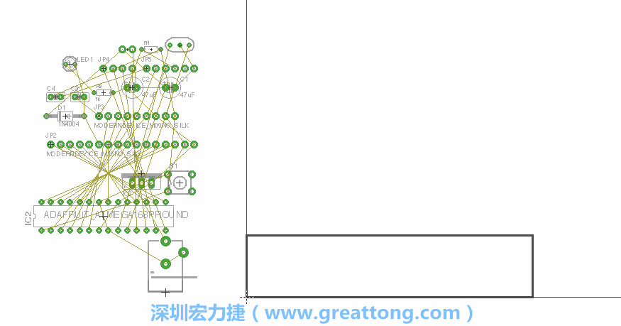 第一次執(zhí)行布線編輯器時(shí)，你會(huì)發(fā)現(xiàn)有兩個(gè)區(qū)塊，左邊的區(qū)塊非?；靵y，而右邊的區(qū)塊則是一個(gè)長(zhǎng)方形的工作區(qū)域，EAGLE免費(fèi)版會(huì)限制你的工作區(qū)域在4” x 3.2”的范圍內(nèi)，如果你試圖將元件擺放在工作區(qū)外的話，就會(huì)跳出警示訊息。