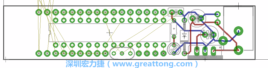 將ATmega微控制器、三個(gè)GPIO排針（JP2, JP3, JP4）和諧振器（resonator）排置如上圖所示。