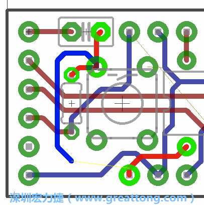 要在電路板正面進(jìn)行+5V信號(hào)線連結(jié)和其他連結(jié)點(diǎn)的布線工作是非常容易的，而重置信號(hào)線（信號(hào)線用來(lái)連結(jié)電路板正面左邊的重置開(kāi)關(guān)）需要經(jīng)過(guò)一個(gè)可以通過(guò)電路板正反兩面的電路通道，這個(gè)通道是一個(gè)可以讓電路板正反兩面線路連接的一個(gè)小孔。