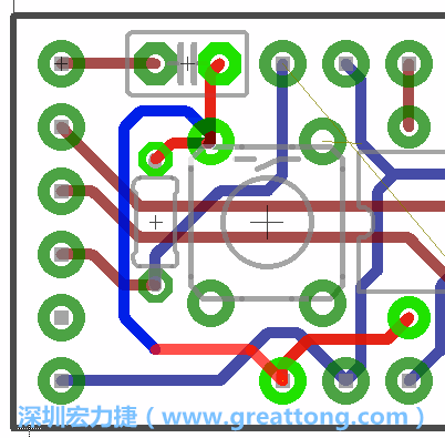 為了要?jiǎng)?chuàng)造一個(gè)電路通道，首先要先點(diǎn)擊重置開(kāi)關(guān)的連結(jié)點(diǎn)進(jìn)行布線，在電路板的背面繪制線路直到其它線路前的乾淨(jìng)區(qū)域。