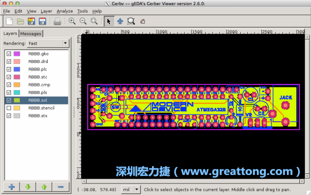 將圖層匯入你的Gerber預覽工具內(nèi)（下圖為Gerbv），我通常會從上到下重新排列它們的順序，好讓我比較好校對：