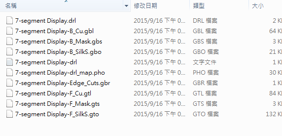 所謂Gerber檔，其實是包含一群檔案 (如下圖所示)，如包含正反面銅箔層 F.Cu B.Cu.，正反面文字面 F.Silkscreen ，B.Silkscreen，防焊層 SolderMask、板邊裁切Edge.Cuts 等。