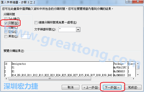 新增一個新的Excel文檔，[資料]匯入[從文字檔]，然后選擇剛產(chǎn)生的BOM (.csv)檔案，并以"分號"作為分隔符號。
