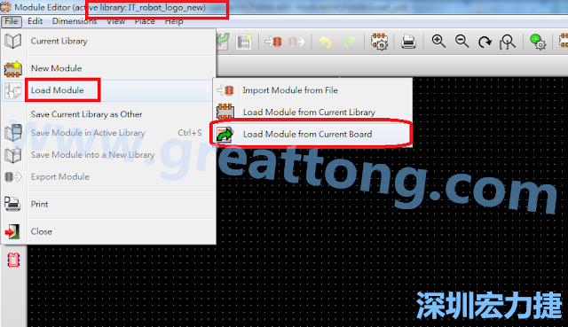 進入Module Editor去載入其他Footprint(Module)進來， 從目前的Active library (不過要先選取一個Current library ) 載入Module 或從目前正在編輯的PCB載入Module。