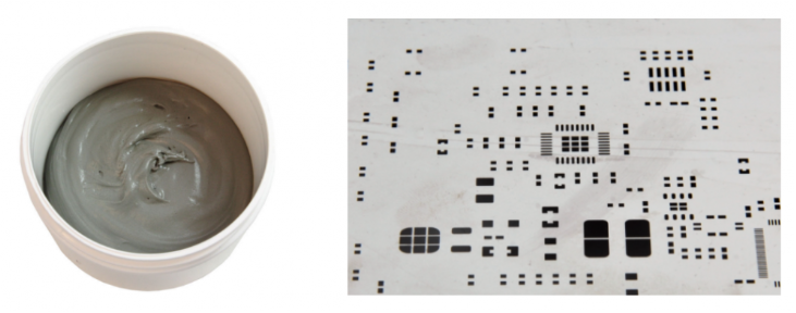 焊膏（左），PCB模板激光切割孔（右）